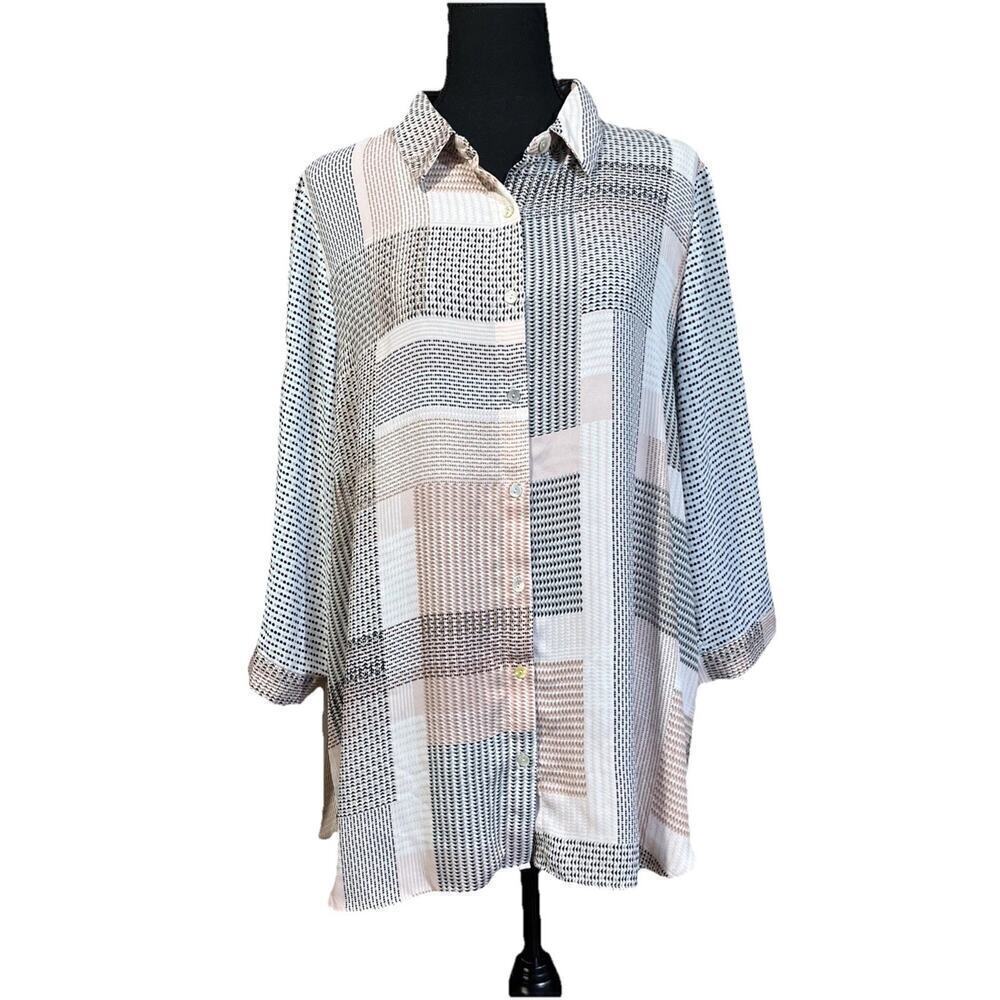 Rose + Olive Blouse Top Womens 1X Pink Patchwork Tunic Artsy Career Chiffon